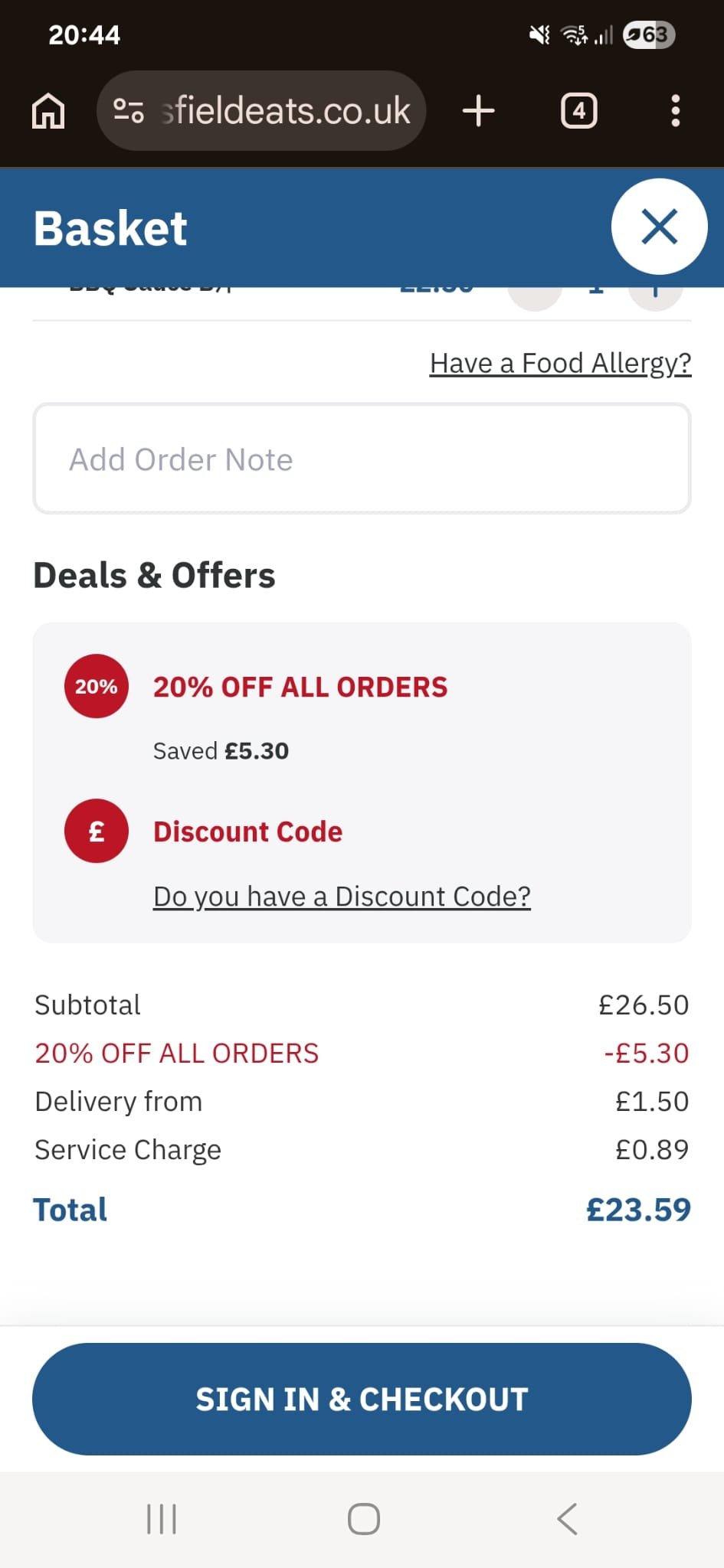 Takeaway app basket screen showing a subtotal of £26.50 with a service charge of £0.89 added at checkout