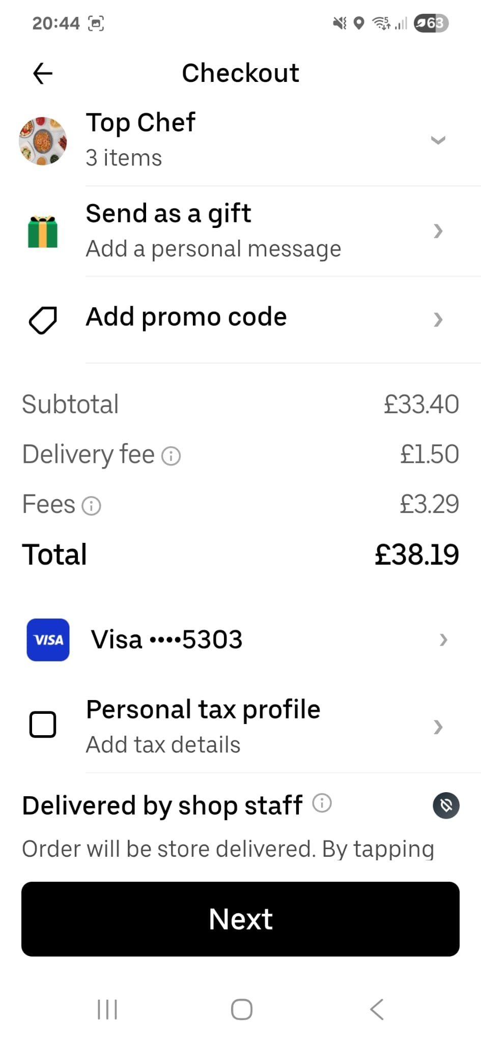 Takeaway app checkout screen showing a subtotal of £33.40 with £3.29 of fees added