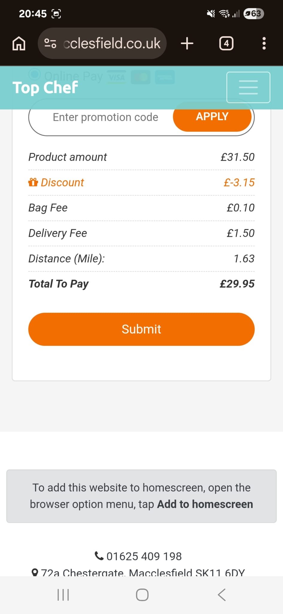 Takeaway app receipt showing a bag fee of £0.10 and delivery fee of £1.50 added to the product total